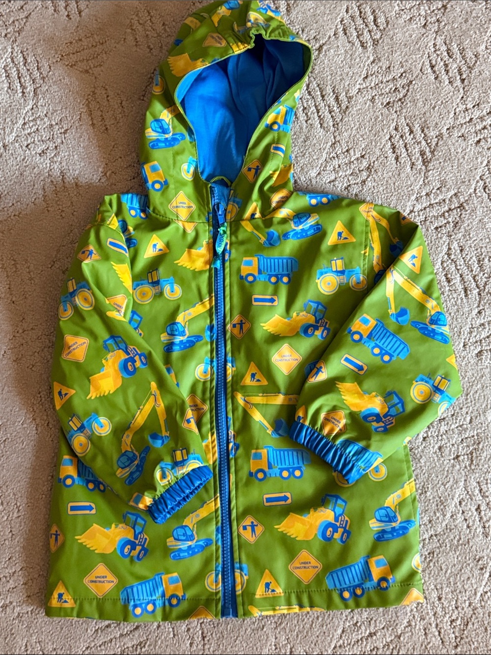 Boys Green Construction Print Raincoat with Hood 4T